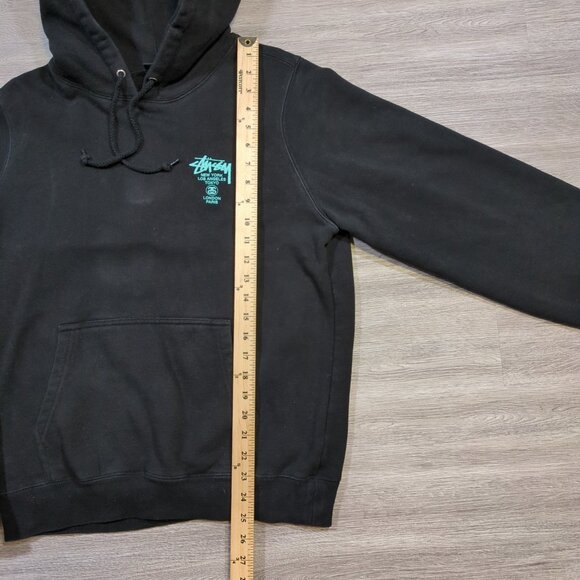 Stussy World Tour Graphic Hoodie Men's Medium Pullover Black Blue - Picture 8 of 9